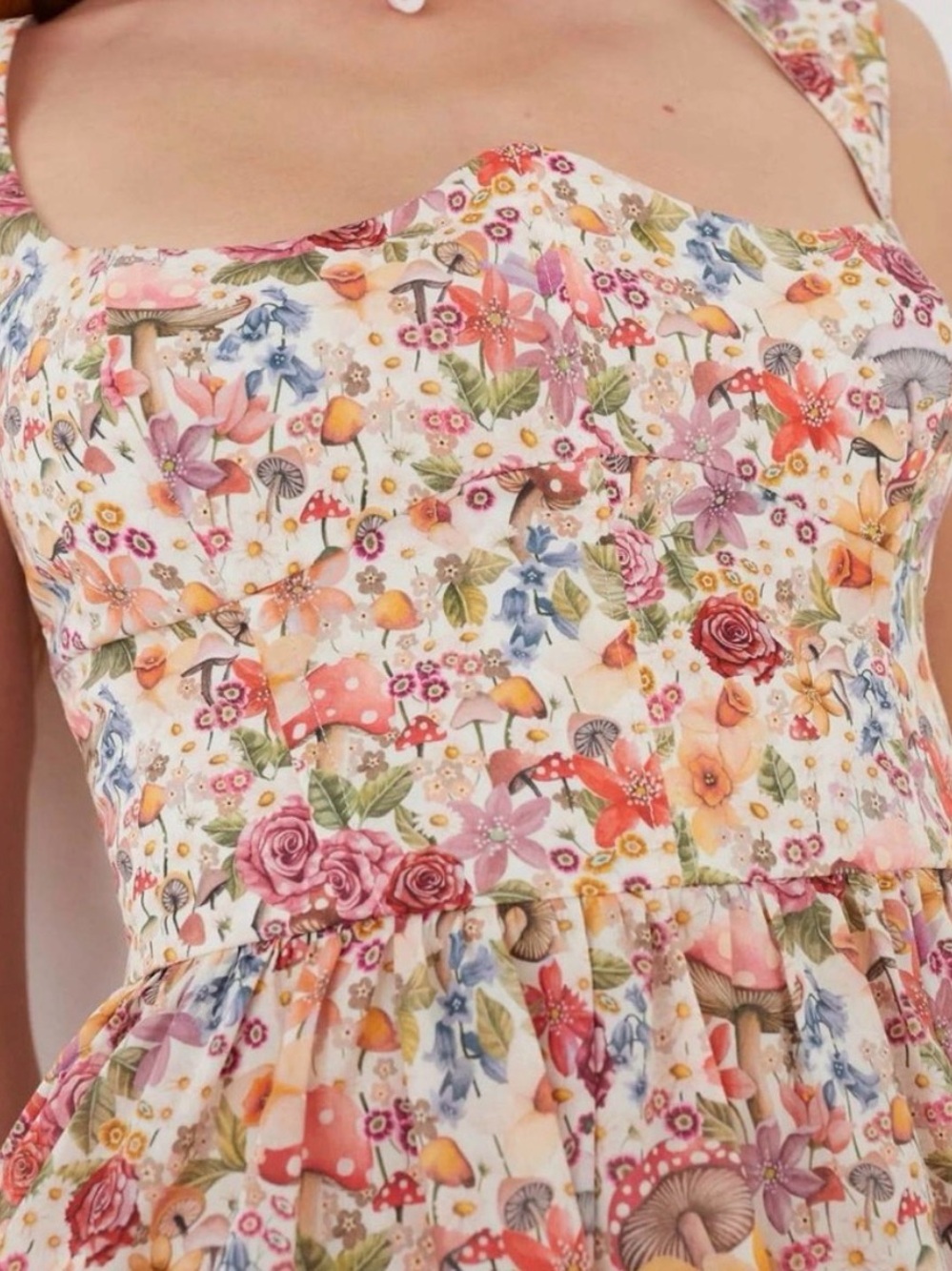 For Love & Lemons Floral Mushroom Print Midi Dress in Cream, Pink, Orange